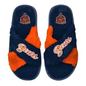 Women's FOCO Navy Chicago Bears Two-Tone Crossover Faux Fur Slide Slippers Sz XL